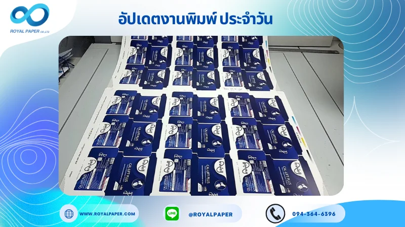 อัปเดตงานพิมพ์เลย์เดี่ยว วันที่ 29 ก.ค 68 กล่องผลิตภัณฑ์เสริมอาหาร ใช้กระดาษอาร์ตการ์ด 350 แกรม เคลือบเงา เคทองเงา ปั๊มนูน ติดพลาสติกใส ขนาด 25 X 18 นิ้ว พิมพ์ด้วยระบบ OFFSET 4 สี