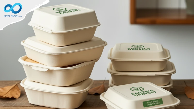 กองกล่องอาหารชานอ้อยสีครีมวางซ้อนกัน บางฝามีโลโก้สีเขียวบนโต๊ะไม้