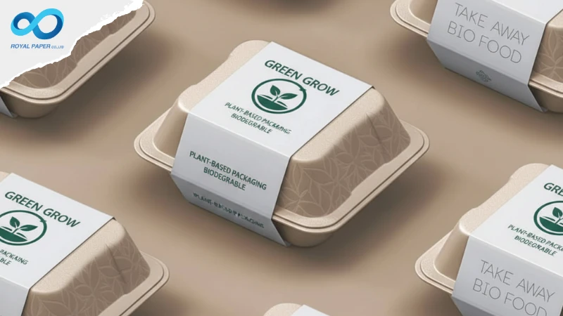 กล่องอาหารชานอ้อยหลายใบวางลายตาราง พร้อมปลอกคาดข้อความ “GREEN GROW – Plant-Based Packaging, Biodegradable”