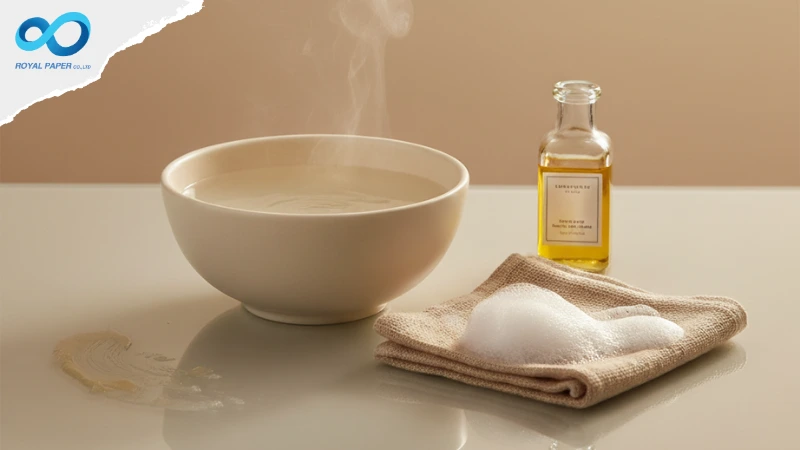 วิธีลบคราบกาวด้วยน้ำอุ่นผสมสบู่และน้ำมันพืช พร้อมผ้าชุบฟองนุ่มสำหรับเช็ดคราบ