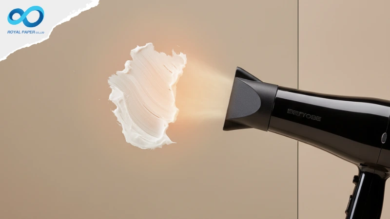 การใช้ไดร์เป่าผมเป่าลมร้อนใส่คราบกาวบนผนัง เพื่อให้กาวอ่อนตัวและลบคราบกาวออกได้ง่าย