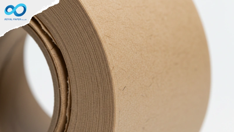 วัสดุสติ๊กเกอร์ม้วนประเภทกระดาษคราฟท์สีน้ำตาล แสดงพื้นผิวและเยื่อกระดาษที่ชัดเจน ให้ความรู้สึกเป็นธรรมชาติ