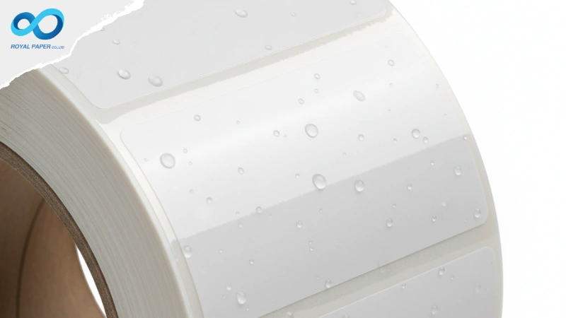 วัสดุสติ๊กเกอร์ม้วนชนิดกันน้ำ มีหยดน้ำเกาะบนผิวสติ๊กเกอร์สีขาวผิวมันเงา แสดงถึงความทนทานต่อความชื้น