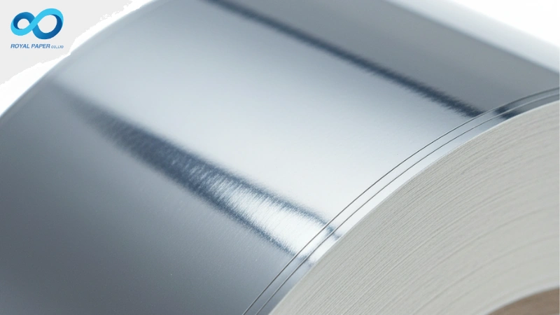 วัสดุสติ๊กเกอร์ม้วนประเภทฟอยล์ (Foil) สีเงินเมทัลลิก ผิวมันเงา สะท้อนแสง ให้ความรู้สึกหรูหรา