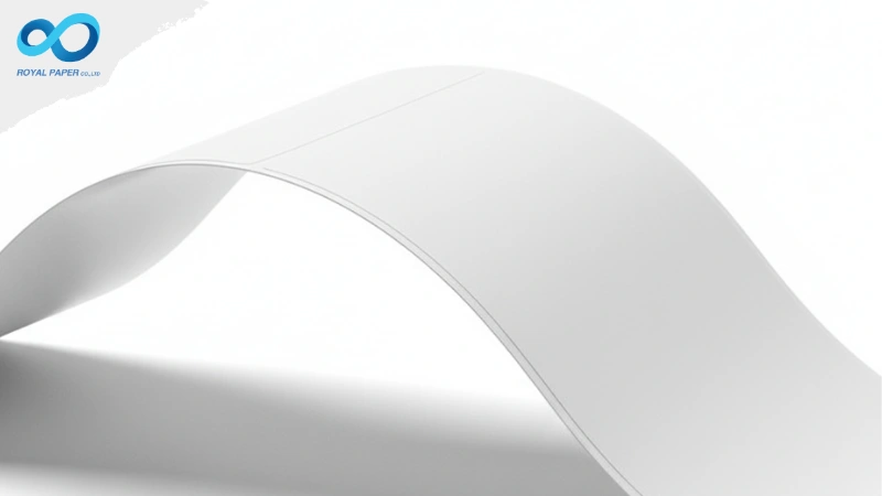 วัสดุสติ๊กเกอร์ม้วนสีขาวผิวด้าน โค้งงอเล็กน้อย แสดงให้เห็นความยืดหยุ่นของตัวสติ๊กเกอร์และเส้นไดคัท