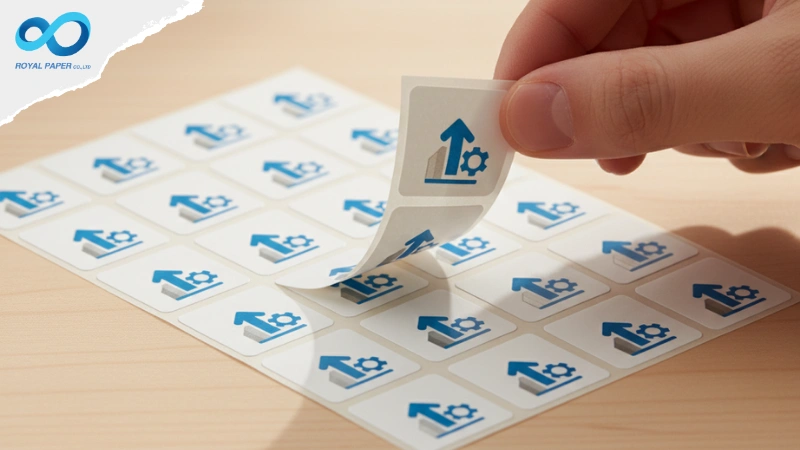 มือลอกสติ๊กเกอร์สี่เหลี่ยมออกจากแผ่น เป็นตัวอย่างของสติ๊กเกอร์แผ่นในการเปรียบเทียบกับสติ๊กเกอร์ม้วน