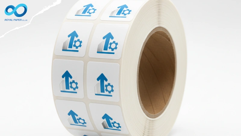 สติ๊กเกอร์ม้วนพิมพ์ลายไอคอนสีฟ้าม้วนบนแกนกระดาษ เป็นตัวอย่างของสติ๊กเกอร์ม้วนในการเปรียบเทียบกับสติ๊กเกอร์แผ่น