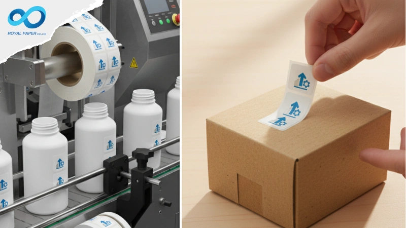 เปรียบเทียบสติ๊กเกอร์ม้วนที่ใช้กับเครื่องจักรอัตโนมัติ กับสติ๊กเกอร์แผ่นที่ใช้ติดด้วยมือลงบนกล่อง