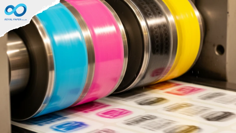 ลูกกลิ้งแม่พิมพ์ 4 สี CMYK ของระบบพิมพ์สติ๊กเกอร์แบบเฟล็กโซ (Flexo)
