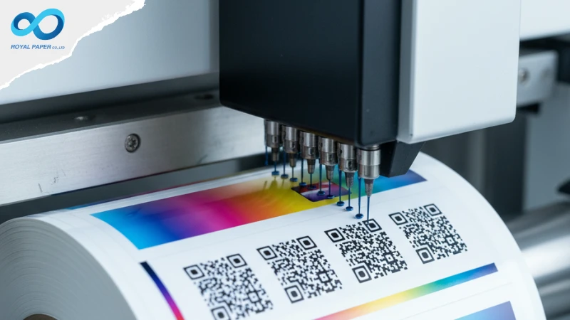 หัวพิมพ์อิงค์เจ็ทของระบบพิมพ์สติ๊กเกอร์แบบดิจิทัล (Digital) กำลังพ่นหมึกพิมพ์ QR code