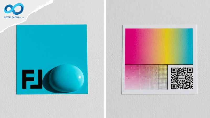 เปรียบเทียบตัวอย่างงานพิมพ์จากระบบพิมพ์สติ๊กเกอร์ 2 แบบ สีทึบพิเศษ และการพิมพ์ไล่สี CMYK