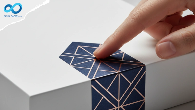 นิ้วสัมผัสสติ๊กเกอร์หนาพิมพ์ลายฟอยล์คาดกล่องสินค้า แสดงผิวสัมผัสพรีเมียมและความทนทานต่อการใช้งาน