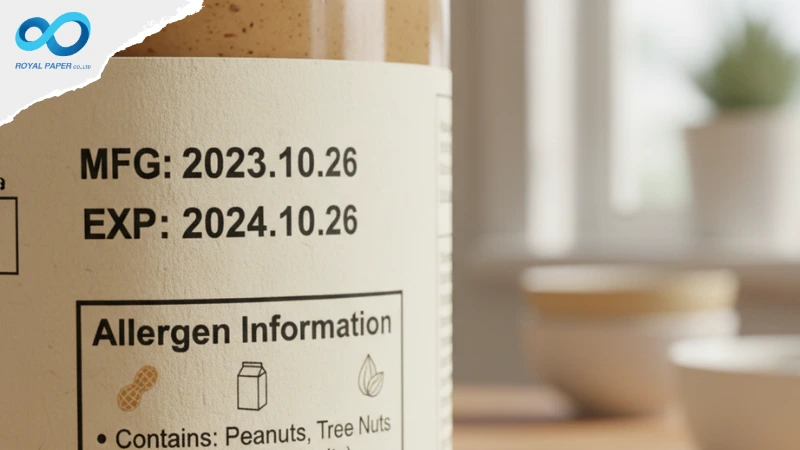 ฉลากเนยถั่วแสดงวันหมดอายุ (EXP) และข้อมูลสำหรับผู้แพ้อาหาร ตาม Checklist มาตรฐานฉลาก อย. ที่ต้องมี