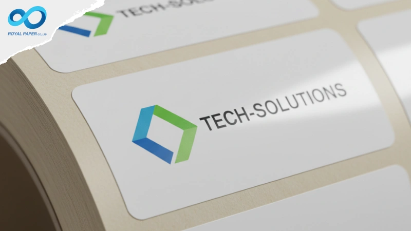 สติ๊กเกอร์ม้วน พิมพ์แบรนด์ TECH-SOLUTIONS ม้วนอยู่บนแกนกระดาษสีน้ำตาลสำหรับใช้กับเครื่องติดฉลาก