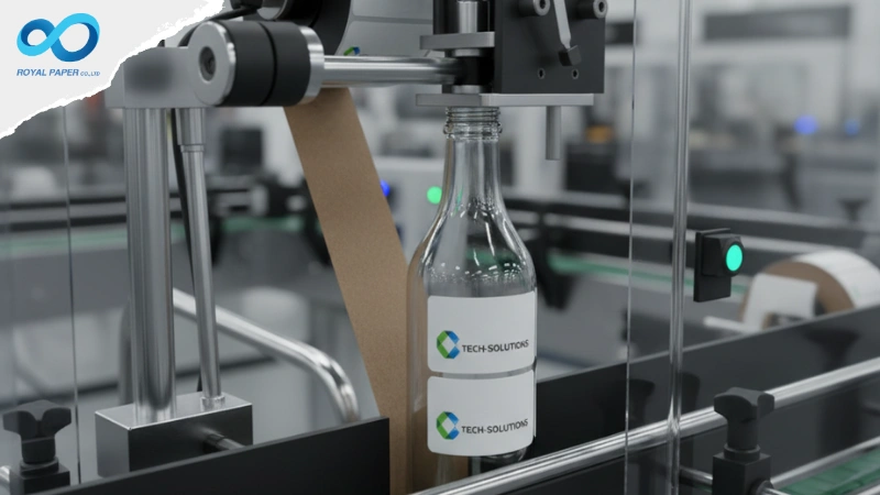 เครื่องติดสติ๊กเกอร์ม้วนอัตโนมัติกำลังติดฉลากโลโก้ "TECH-SOLUTIONS" ลงบนขวดแก้วบนสายพานการผลิต