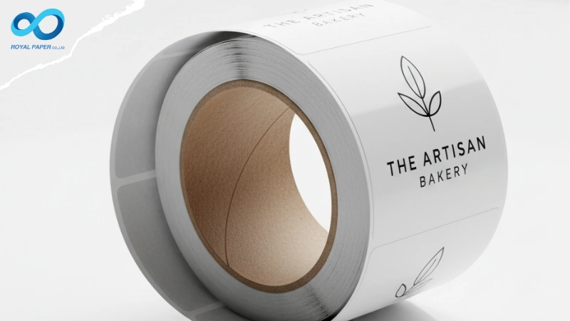 สติ๊กเกอร์ม้วน พิมพ์ลาย "THE ARTISAN BAKERY" ดีไซน์มินิมอล แสดงตัวอย่างสติ๊กเกอร์สำหรับธุรกิจเบเกอรี่