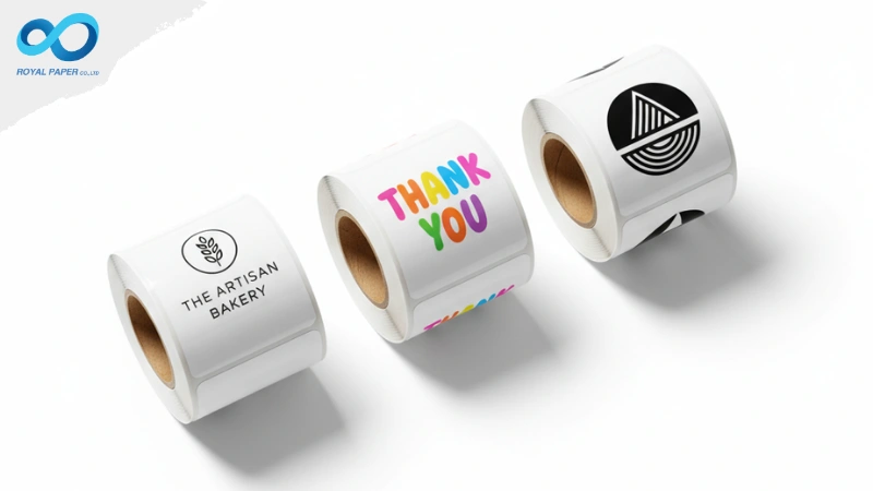 สติ๊กเกอร์ม้วน 3 แบบ วางเรียงกัน แสดงดีไซน์ที่หลากหลาย ทั้งแบบโลโก้เบเกอรี่, แบบข้อความ "THANK YOU", และแบบกราฟิก