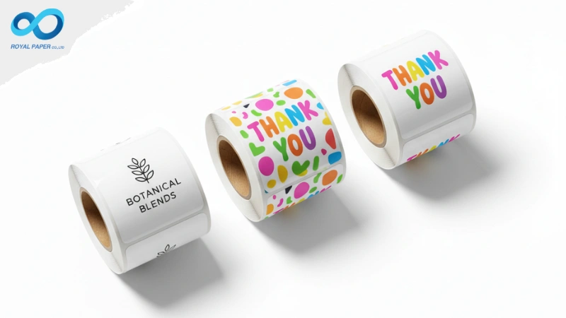 สติ๊กเกอร์ม้วน 3 แบบโชว์ดีไซน์หลากหลาย: "BOTANICAL BLENDS", "THANK YOU" แบบมีลายจุด, และ "THANK YOU" แบบตัวอักษรสี