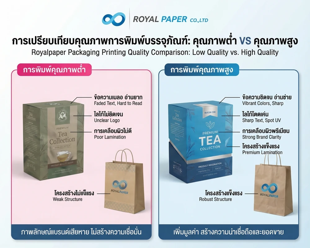 7 วิธีเลือกโรงพิมพ์กล่องบรรจุภัณฑ์แบบไม่พลาด 3 ภาพเปรียบเทียบงานพิมพ์กล่องคุณภาพต่ำและคุณภาพสูง
