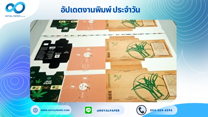 อัปเดตงานพิมพ์เลย์ร่วม วันที่ 29 พ.ย. 66 กล่องยากันยุง แบรนด์ Natural Mosquito Coils กล่องบรรจุภัฑณ์ แบรนด์ FIP Heal กล่องใส่ขวดสเปรย์ แบรนด์ Rak jang ใช้กระดาษอาร์ตการ์ด 350 แกรม ขนาด 25x18 นิ้ว พิมพ์ด้วยระบบ OFFSET 4 สี เคลือบด้าน ปะกาว 1 จุด ไดคัท พร้อมขึ้นรูป พิมพ์จำนวน 1,000 ใบ