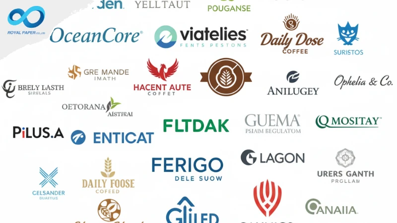 คอลเลกชันโลโก้ตัวอย่างหลายสไตล์บนพื้นสีอ่อน แสดงเอกลักษณ์แบรนด์ที่หลากหลาย