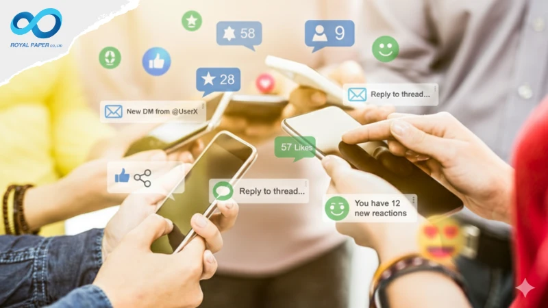 ผู้คนถือสมาร์ทโฟนหลายเครื่องพร้อมไอคอนโซเชียลมีเดีย ปฏิกิริยา ไลก์ และข้อความแจ้งเตือน