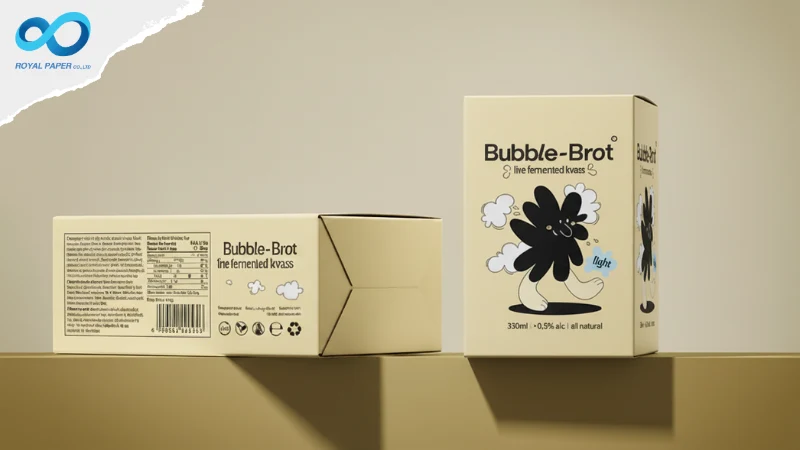 กล่อง Bubble-Brot สีครีม แสดงด้านหน้าและด้านข้างที่มีตารางโภชนาการ พร้อมรอยพับและจุดกาว