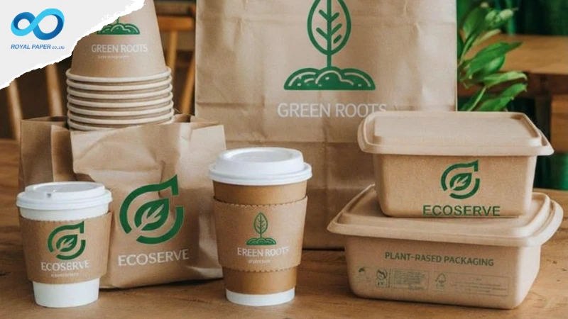 ชุดแก้วกระดาษ กล่องอาหาร และถุงคราฟท์พิมพ์โลโก้สีเขียว วางคู่กับกล่องชานอ้อยบนโต๊ะไม้