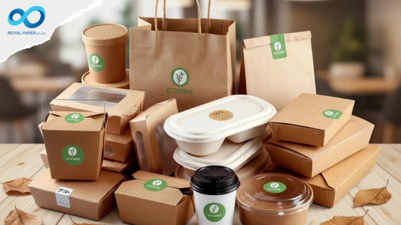 กองบรรจุภัณฑ์รักษ์โลกหลากชนิด—ถุงกระดาษ กล่องกระดาษ กล่องชานอ้อย ฝาใส ถ้วยกาแฟ—จัดวางเต็มโต๊ะ