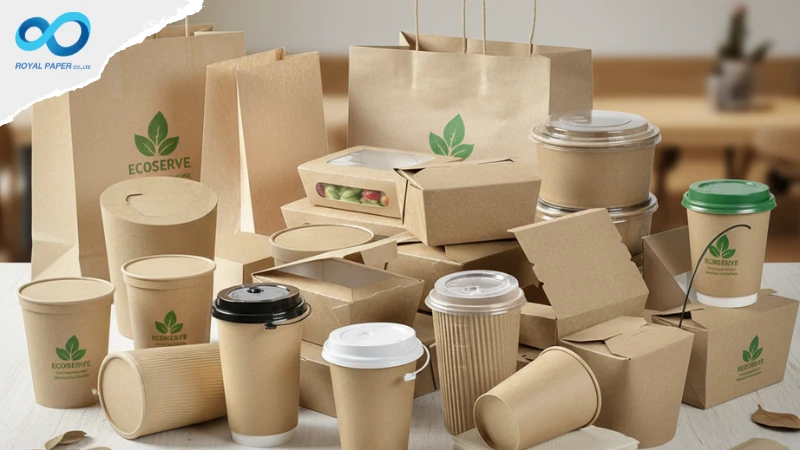 ชุดถ้วยกระดาษ กล่องพับ และถุงคราฟท์จำนวนมาก วางกระจายบนโต๊ะ แสดงแนวคิดใช้ซ้ำและรีไซเคิล