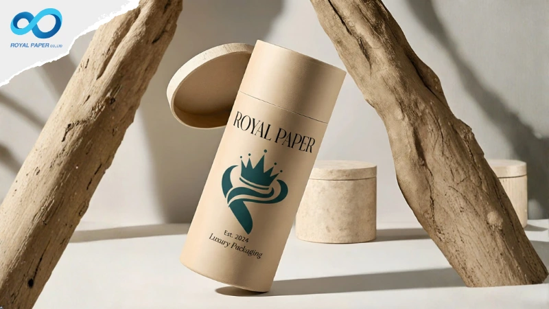 กระบอกกระดาษสีครีมโลโก้ ROYAL PAPER วางเอียงบนฉากโทนธรรมชาติ มีฝาวางข้าง ๆ