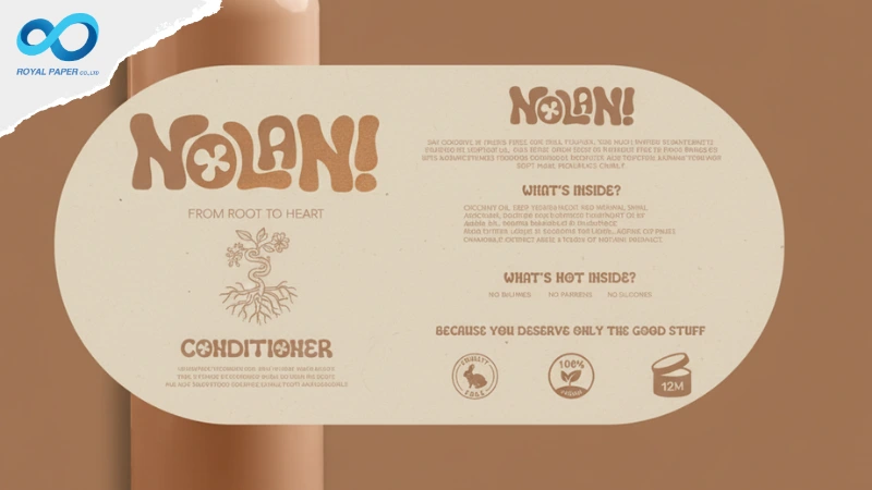 ฉลากสติกเกอร์กระดาษโทนเบจสำหรับคอนดิชันเนอร์ แบรนด์ NOLAN! สไตล์วินเทจ มีข้อความส่วนผสม ไอคอนมาตรฐาน และสัญลักษณ์ 12M