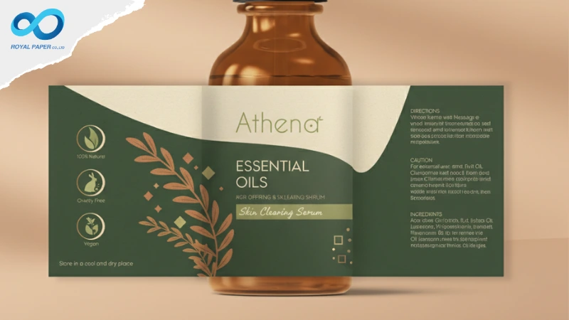ฉลากสีเขียวเข้ม-ทองบนขวดแก้วอำพัน แบรนด์ Athena แสดงไอคอนคุณสมบัติ วิธีใช้ ข้อควรระวัง และส่วนผสมครบถ้วน