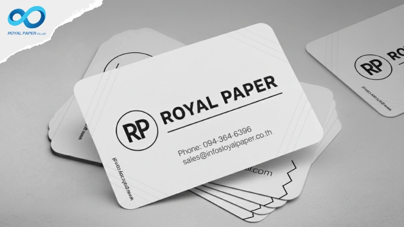 นามบัตรพลาสติก PVC พื้นขาวมุมโค้ง โลโก้ ROYAL PAPER สีดำ ตัวอักษรคมชัด เคลือบด้าน วางซ้อนกันบนพื้นเทา