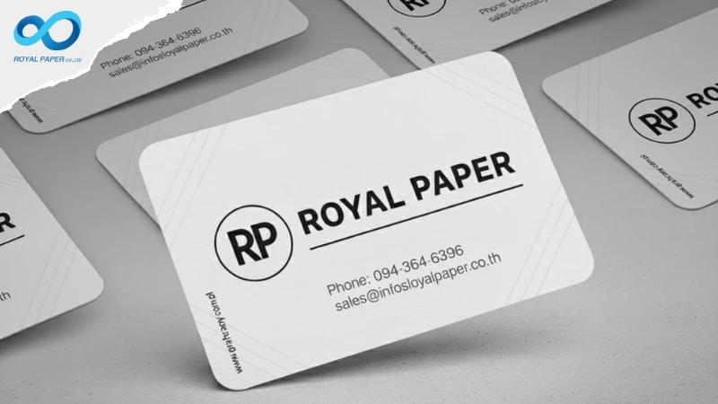 บัตรพลาสติก PVC หลายใบจัดวางกระจาย โทนขาวดำ โลโก้ ROYAL PAPER มุมโค้ง ดีไซน์เรียบหรู เห็นพื้นผิวเนียนแมตต์