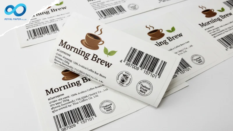 สติ๊กเกอร์แบรนด์ Morning Brew พิมพ์ชุดเป็นแผ่น มีชื่อสินค้า โลโก้รูปถ้วยกาแฟ และบาร์โค้ด