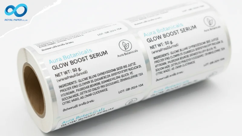 ม้วนสติ๊กเกอร์ฉลากสีขาวพิมพ์ข้อความสีดำ ระบุชื่อผลิตภัณฑ์ Aura Botanicals Glow Boost Serum พร้อมส่วนผสมและเลขล็อต