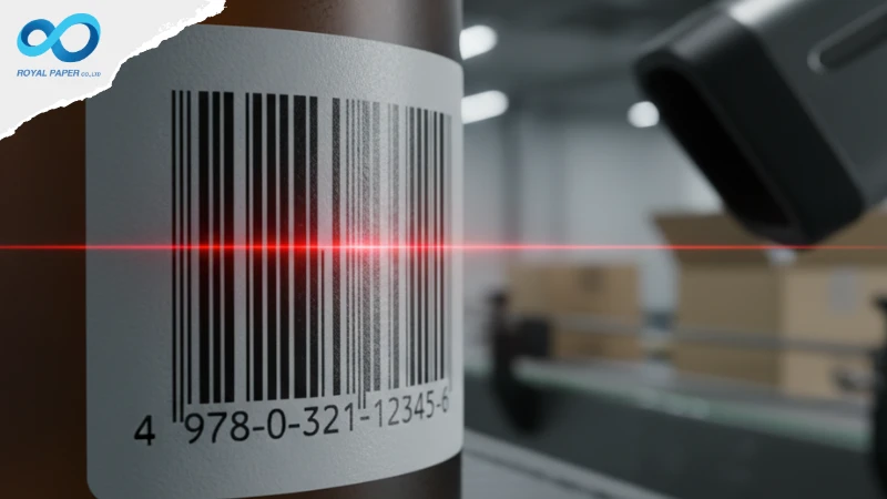 เครื่องสแกนเลเซอร์สีแดงกำลังอ่านบาร์โค้ด 1D บนฉลากขวดสินค้าในสายการผลิต