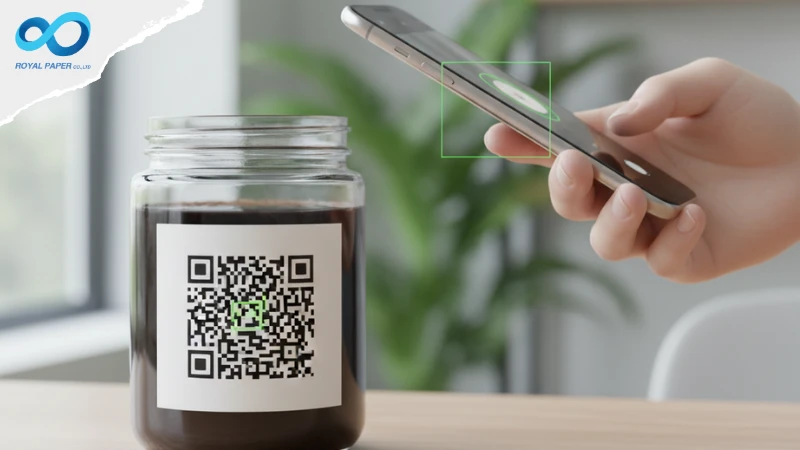 สมาร์ทโฟนกำลังสแกน QR Code บนฉลากขวดโหลแก้วเพื่อเข้าถึงข้อมูลสินค้า