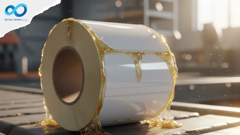 ปัญหากาวเยิ้มบนสติ๊กเกอร์ม้วนจากความร้อน ซึ่งเป็นผลจากวิธีเก็บสติ๊กเกอร์ม้วนที่ไม่ถูกต้อง