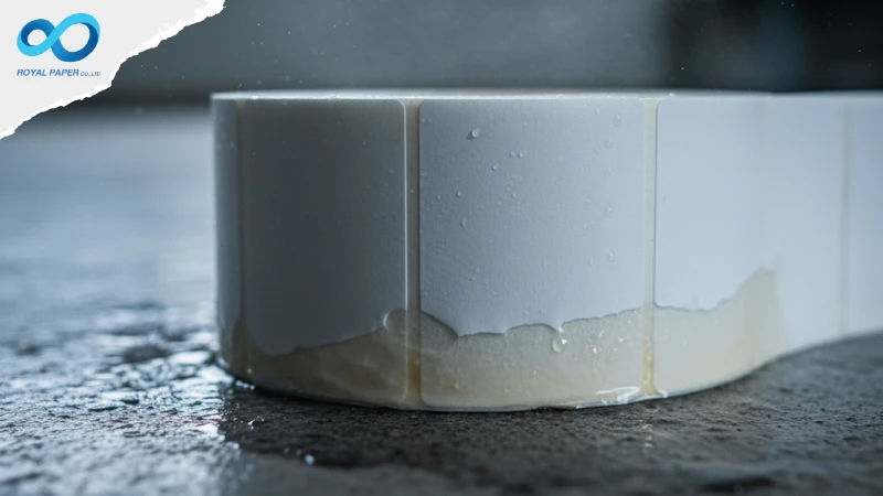 สติ๊กเกอร์ม้วนเสียหายจากความชื้นและน้ำซึมบริเวณขอบ ซึ่งเป็นปัญหาจากวิธีเก็บสติ๊กเกอร์ม้วนที่ผิด