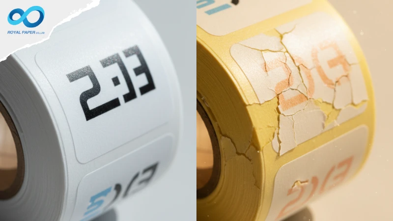 เปรียบเทียบผลลัพธ์จากวิธีเก็บสติ๊กเกอร์ม้วน: สภาพดี (ซ้าย) และเสื่อมสภาพเหลืองกรอบ (ขวา)