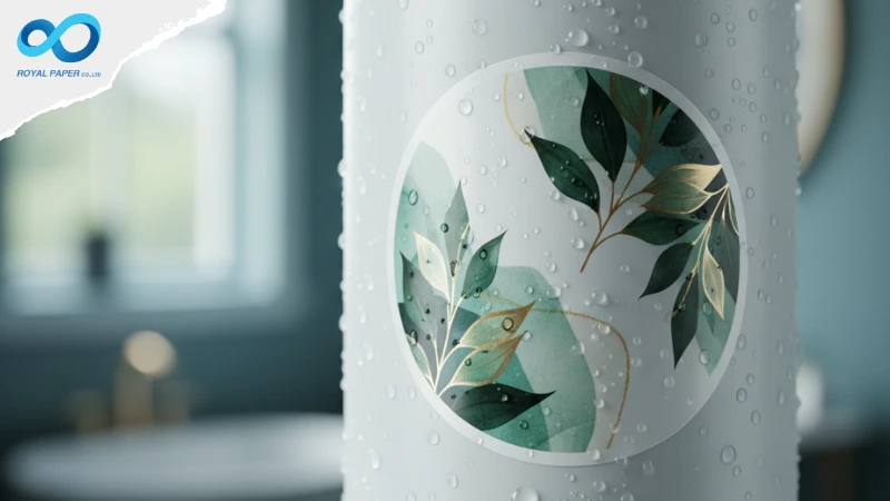 สติ๊กเกอร์กันน้ำติดขวดพลาสติกที่มีหยดน้ำเกาะพราว เป็นการทดสอบสติ๊กเกอร์ DIY ด้านความคงทนต่อความชื้น