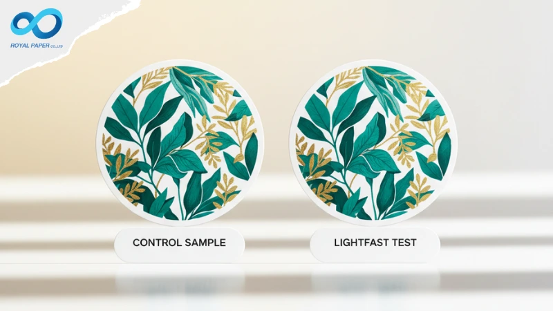 เปรียบเทียบสติ๊กเกอร์ "CONTROL SAMPLE" กับ "LIGHTFAST TEST" เพื่อดูผลการทนแสงแดดและป้องกันสีซีดจาง