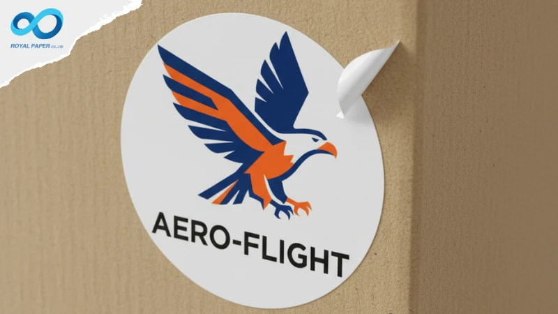 ตัวอย่างสติ๊กเกอร์ (Sticker) โลโก้ "AERO-FLIGHT" รูปนกอินทรี กำลังถูกติดลงบนกล่องกระดาษ