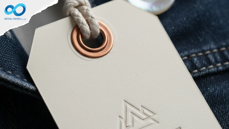 ตัวอย่างป้ายแท็ก (Hang Tag) กระดาษสีครีมปั๊มนูนโลโก้ ถูกร้อยเชือกติดอยู่กับกางเกงยีนส์