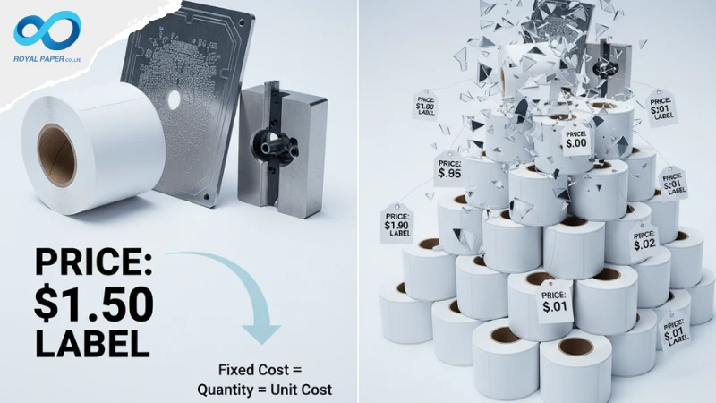 อินโฟกราฟิกอธิบายราคาสติ๊กเกอร์ม้วน (Fixed Cost) หารด้วยจำนวน ยิ่งสั่งเยอะต้นทุนต่อหน่วยยิ่งถูก