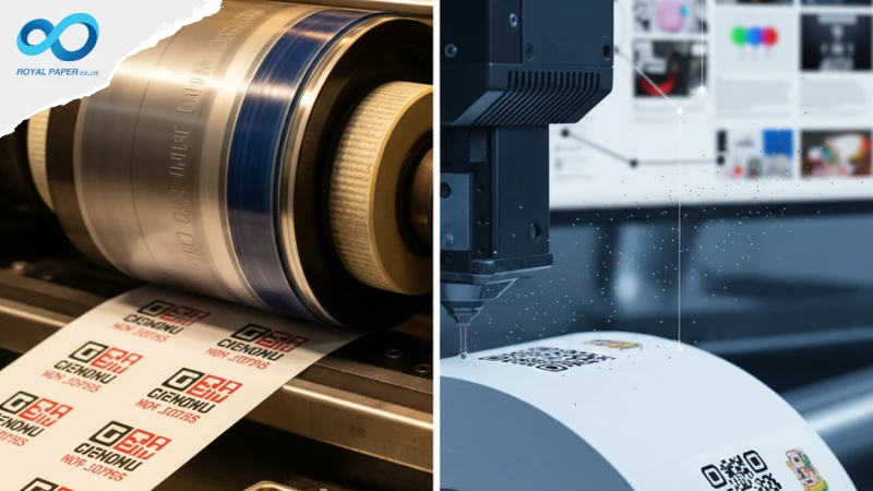 เปรียบเทียบระบบพิมพ์ที่ส่งผลต่อราคาสติ๊กเกอร์ม้วน: เฟล็กโซ (ซ้าย) และดิจิทัล (ขวา)