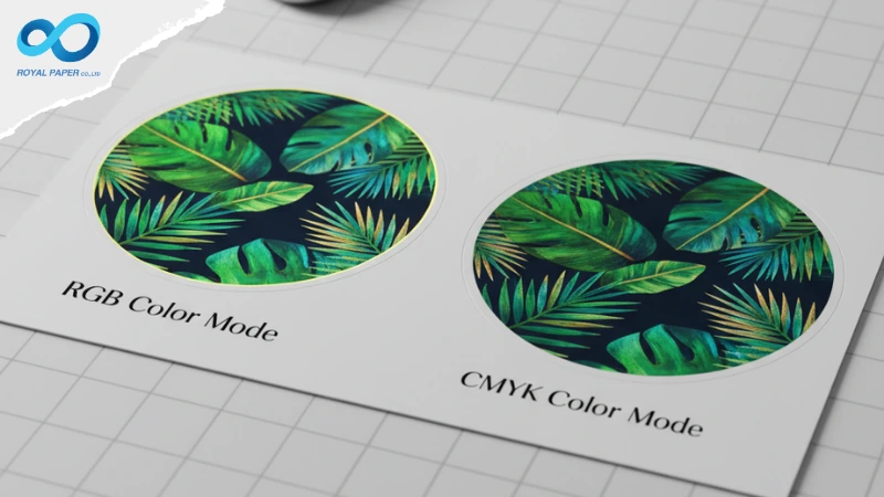 ตัวอย่างสติ๊กเกอร์สีเพี้ยน เปรียบเทียบความสดของโหมดสี RGB กับความหม่นของ CMYK