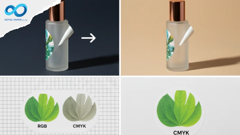 เปรียบเทียบปัญหาสติ๊กเกอร์ขอบเด้งบนขวดและการเทียบสี RGB กับ CMYK ที่ทำให้สีเพี้ยน